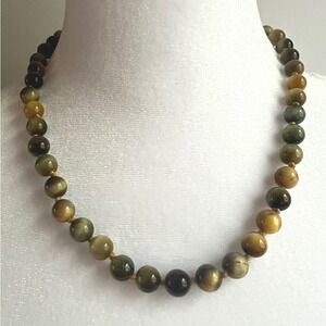 Brown Green Hand Knotted Stone Bead Necklace 18"  Earthcore